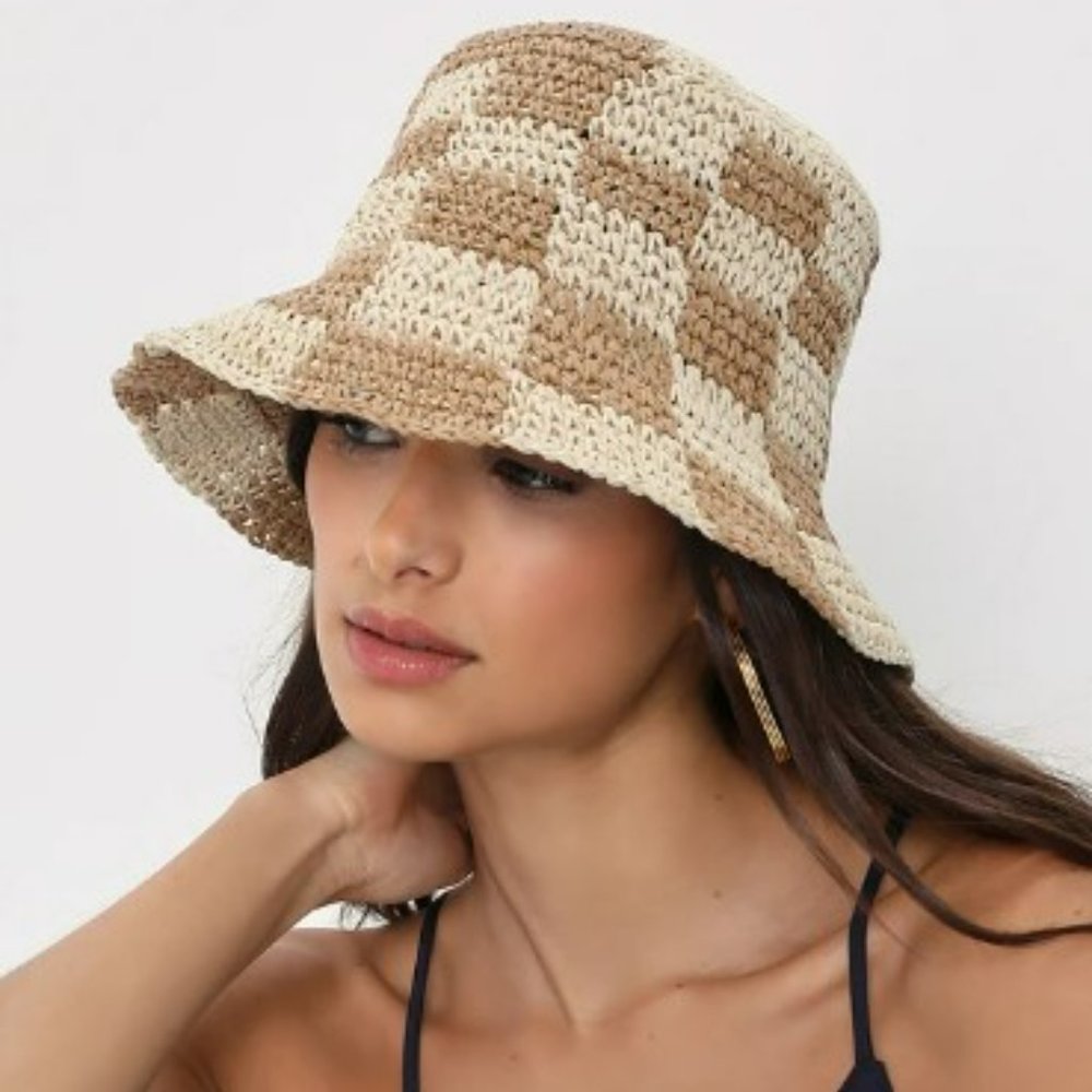 Checkered Straw Bucket Hat